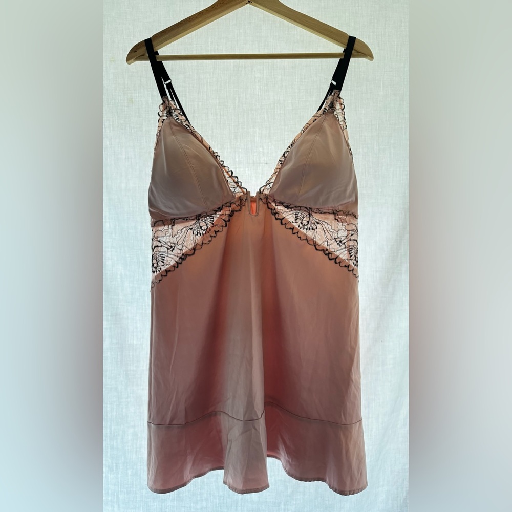 Auden Satin Chemise, Blush with Black Lace Detail, Matching Thong, Size XL